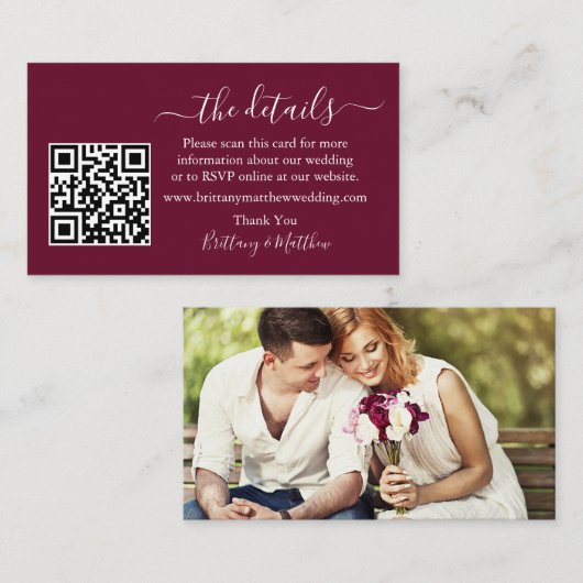 Details van het huwelijk Website QR Foto Burgundy Informatiekaartje (Voorkant / Achterkant)