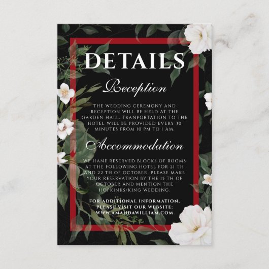 Details van het huwelijk Zwart en rood Elegant Whi Informatiekaartje (Voorkant)