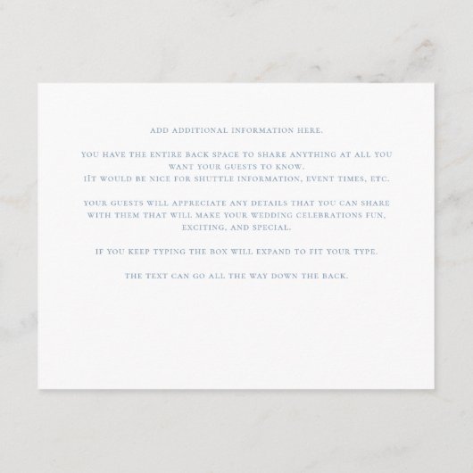 Details van het mosterdblauw-Floral-huwelijk Informatiekaartje (Achterkant)