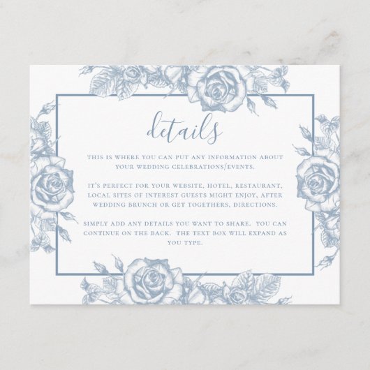 Details van het mosterdblauw-Floral-huwelijk Informatiekaartje (Voorkant)