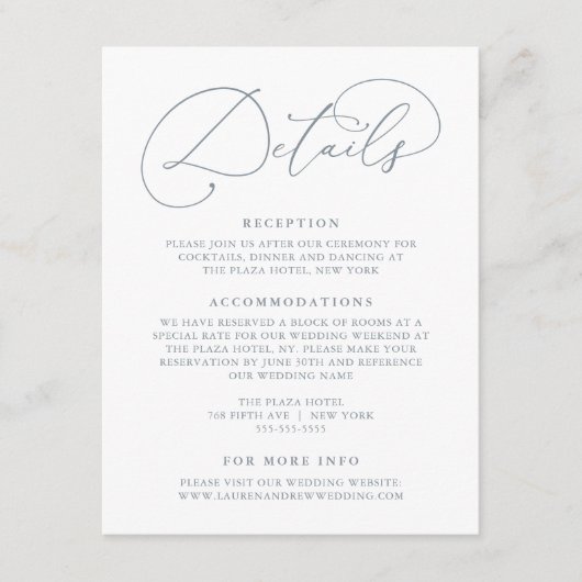 Details van het mosterdblauw Modern minimalistisch Informatiekaartje (Voorkant)