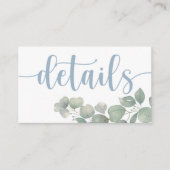 Details van het mosterdblauwe eucalyptushuwelijk informatiekaartje (Voorkant)