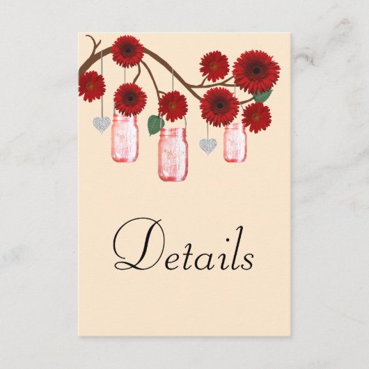 Details van het Rode Floral Mason Jars-huwelijk Informatiekaartje (Voorkant)