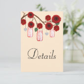 Details van het Rode Floral Mason Jars-huwelijk Informatiekaartje (Staand voorkant)
