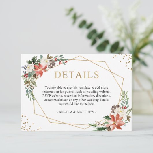 Details van het Rode Poinsettia Floral Winter Wedd Informatiekaartje (Staand voorkant)