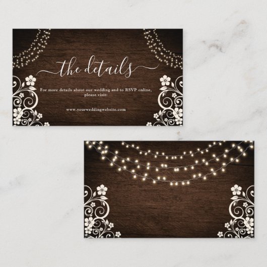 Details van het Rustic Woodsy Lights Wood Weddensc Informatiekaartje (Voorkant / Achterkant)