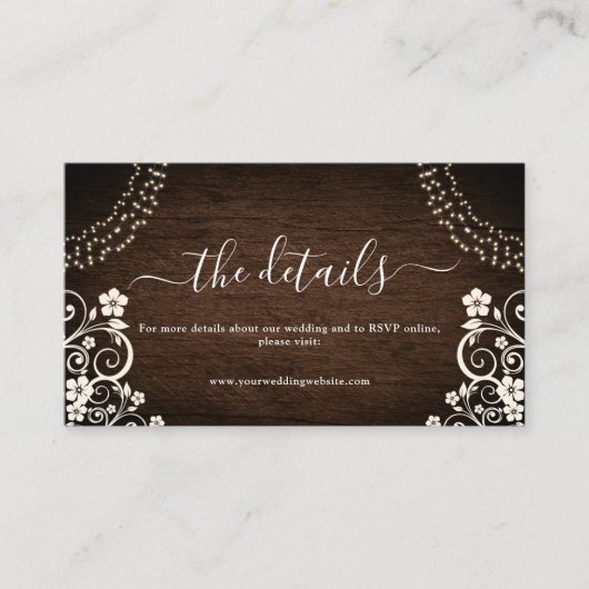 Details van het Rustic Woodsy Lights Wood Weddensc Informatiekaartje (Voorkant)