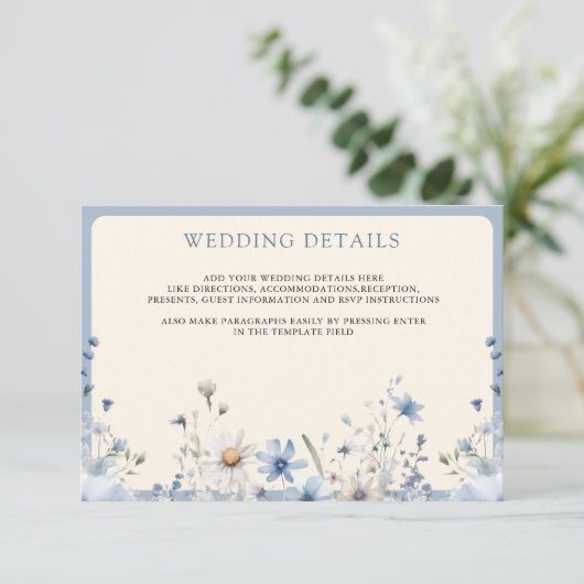 Details van het Stusty Blue Boho Wildflower Weddin Informatiekaartje (Staand voorkant)