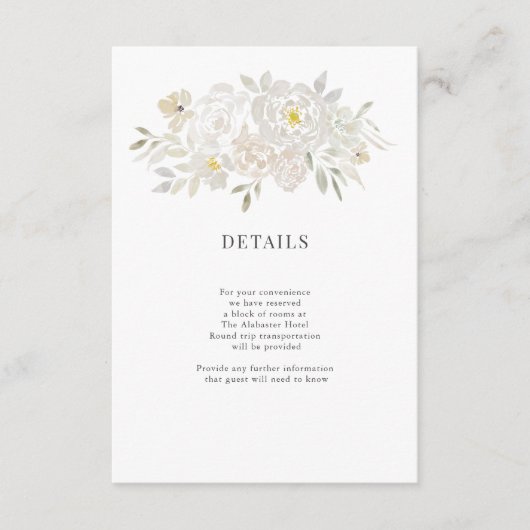 Details van het Wit-Waterverf Peonies Weddenschap Informatiekaartje (Voorkant)