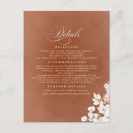 Details van het witte en Terracotta-huwelijk Informatiekaartje (Voorkant)