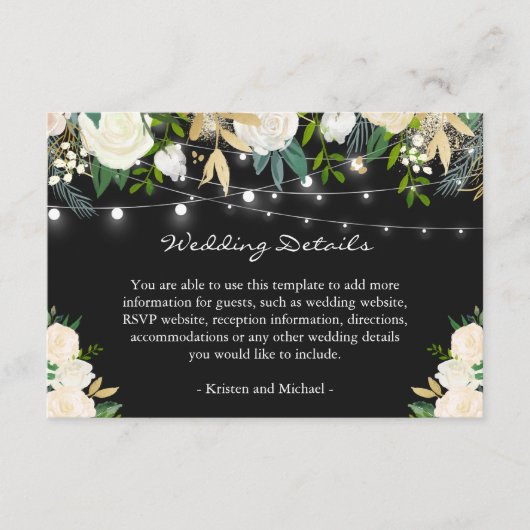 Details van Ivory Cream Floral String Lights Wedde Informatiekaartje (Voorkant)