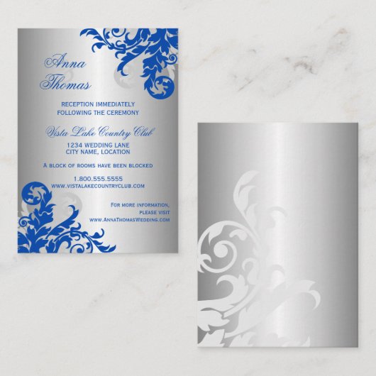 Details van Royal Blue Silver Flourish Wedding Informatiekaartje (Voorkant / Achterkant)