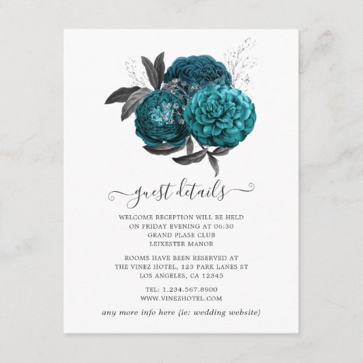 Details van Turquoise, Black en Silver Floral Gues Informatiekaartje (Voorkant)