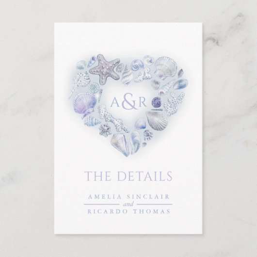 Details veranderingen hart schelpen strand blauwe informatiekaartje (Voorkant)