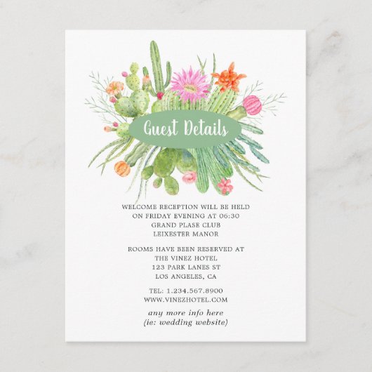 Details waterverf Cactus Wedding Guest Informatiekaartje (Voorkant)