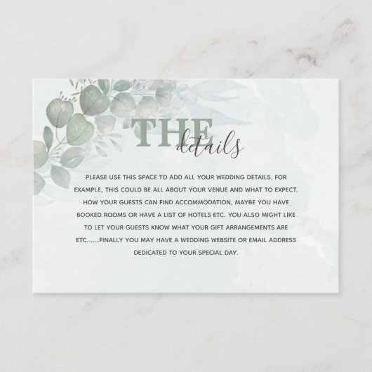 Details Waterverf Eucalyptus Wedding Rustige Informatiekaartje (Voorkant)
