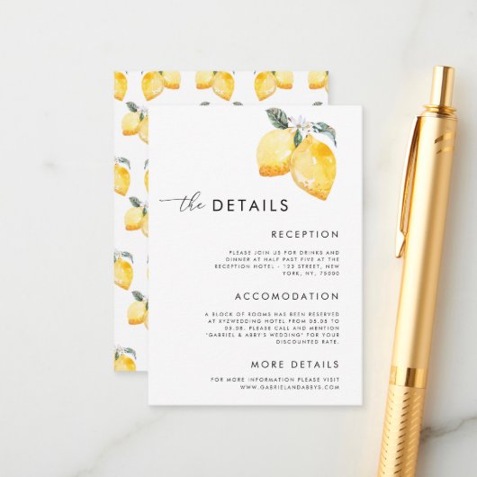 Details waterverf Lemons Script Summer Weddenschap Informatiekaartje (Voorkant / Achterkant in situ)