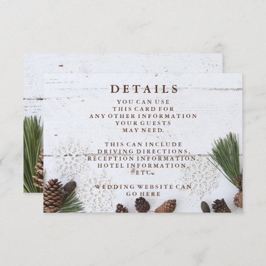 Details winterPinecone en Snowflakes Weddenschap Informatiekaartje (Voorkant / Achterkant)