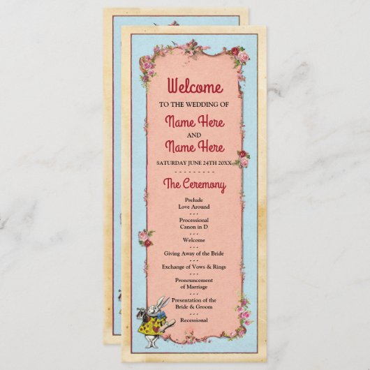 Details Wonderland Rabbit Floral Wedding Programme Kaart (Voorkant / Achterkant)