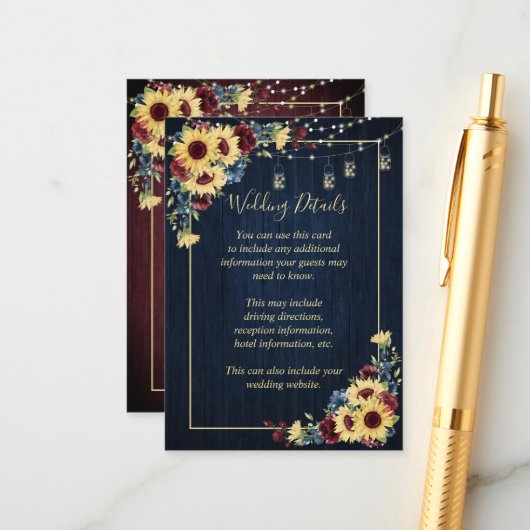 Details zonnebloem Navy Blue Burgundy Wood Floral Informatiekaartje (Voorkant / Achterkant in situ)