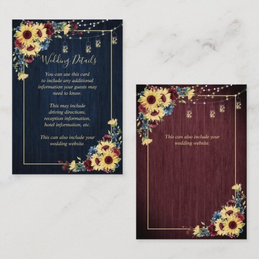 Details zonnebloem Navy Blue Burgundy Wood Floral Informatiekaartje (Voorkant / Achterkant)