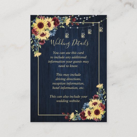 Details zonnebloem Navy Blue Burgundy Wood Floral Informatiekaartje (Voorkant)
