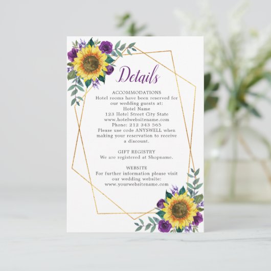 Details zonnebloem Paarse Floral Geometric Weddens Informatiekaartje (Staand voorkant)