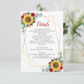 Details zonnebloem Rode Floral Geometric Wedding Informatiekaartje (Staand voorkant)
