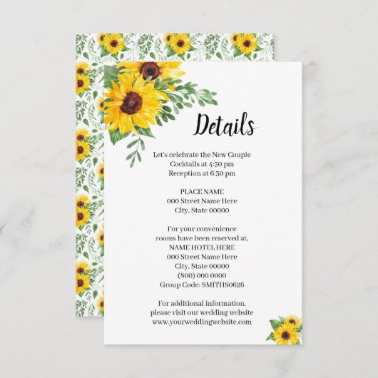 Details zonnebloemen Vrijgezellenfeest bruiloft Informatiekaartje (Voorkant / Achterkant)