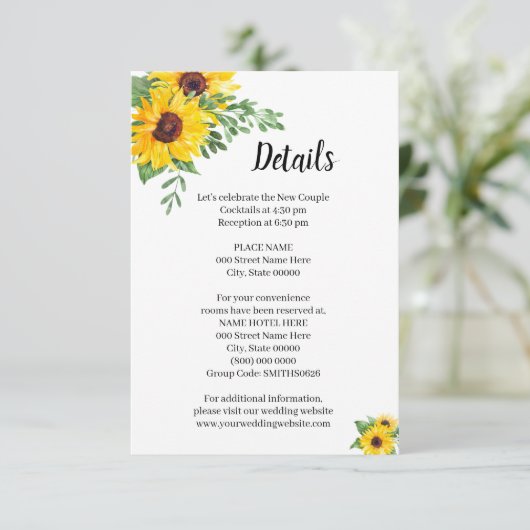 Details zonnebloemen Vrijgezellenfeest bruiloft Informatiekaartje (Staand voorkant)