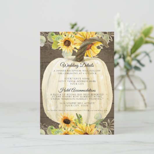 Details zonnebloempels Herfst pompoen bruiloft Informatiekaartje (Staand voorkant)