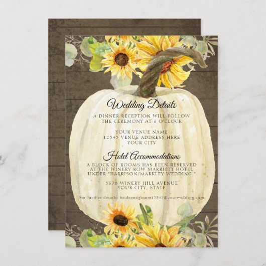 Details zonnebloempels Herfst pompoen bruiloft Informatiekaartje (Voorkant / Achterkant)