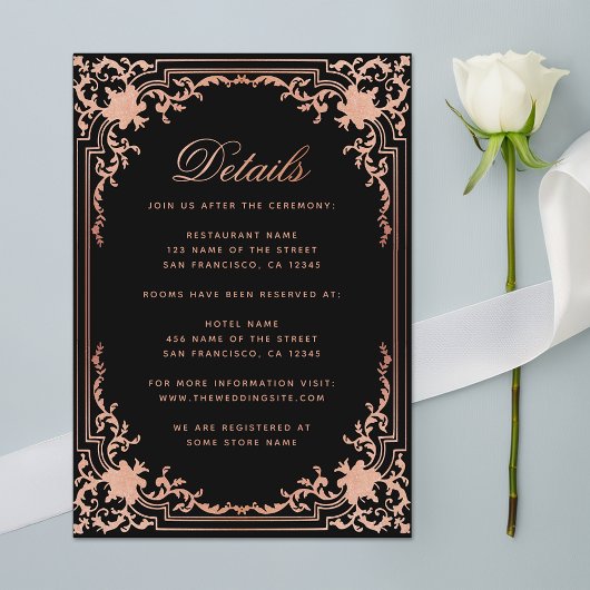 Details Zwart Roze Elegant Script Bruiloft Informatiekaartje