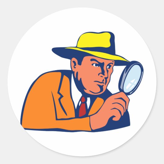 Detective kijkt met vergrootglas ronde sticker (Voorkant)