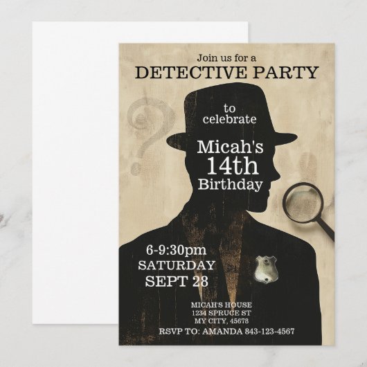 Detective Mystery verjaardagsfeestje uitnodiging (Voorkant / Achterkant)