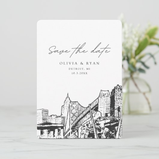 Detroit Bruiloft Save the Date Binnenstad Bruiloft Kaart (Staand voorkant)