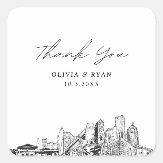 Detroit bruiloft skyline gunst dank u vierkante sticker (Voorkant)