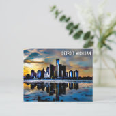 Detroit centrum michigan briefkaart 's nachts (Staand voorkant)