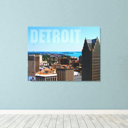 Detroit City Skyline Aerial River Uitzicht Canvas Afdruk (Insitu (Houten vloer))