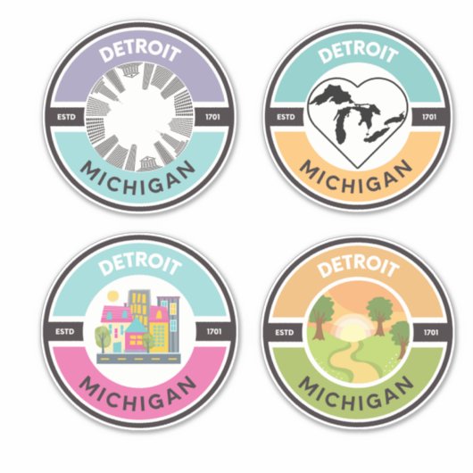 Detroit EST. 1701 Circle Stickers (Set van 4) (Voorkant)