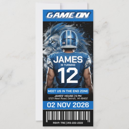 Detroit Football Ticket Birthday Invitation (Voorkant)