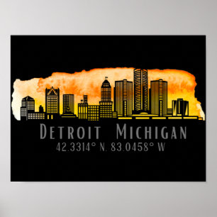 Detroit MI Skyline Latitude en Longitude Print