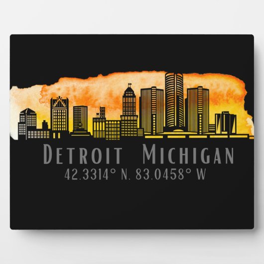 Detroit MI Skyline Latitude en Longitude Tabletop Fotoplaat (Voorkant)