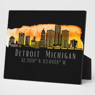 Detroit MI Skyline Latitude en Longitude Tabletop Fotoplaat