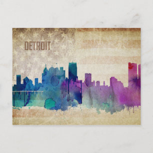Detroit, MI   Waterverf City Skyline Briefkaart