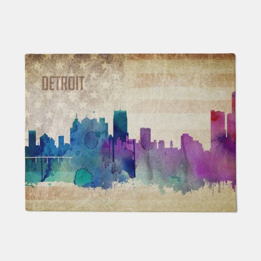 Detroit, MI | Waterverf City Skyline Deurmat (Voorkant)