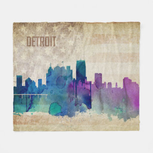 Detroit, MI   Waterverf City Skyline Fleece Deken