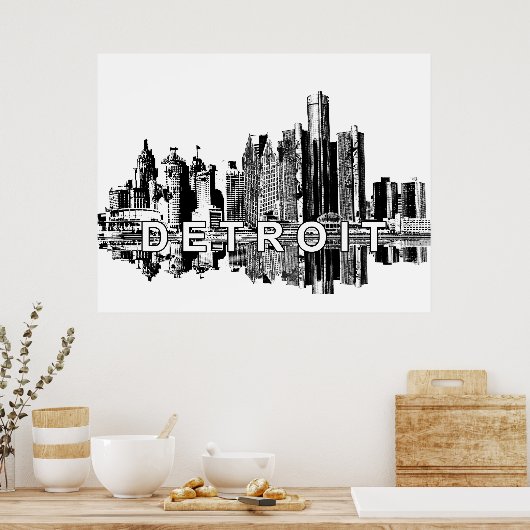 Detroit Michigan in zwarte inkt Poster (Keuken)