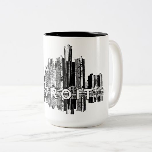 Detroit Michigan in zwarte inkt Tweekleurige Koffiemok (Voorkant rechts)