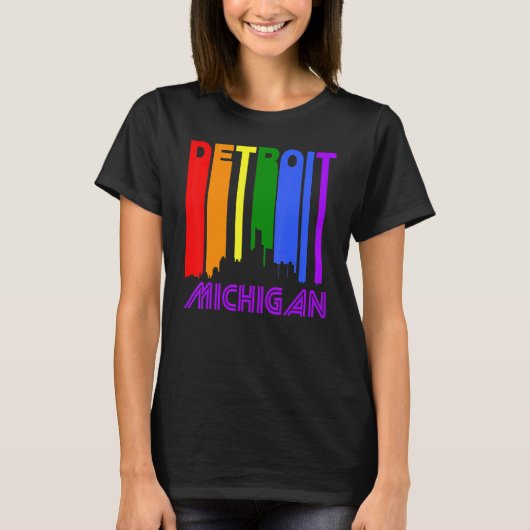 Detroit Michigan LGBTQ Gay Pride Rainbow Skyline T-shirt (Voorkant)
